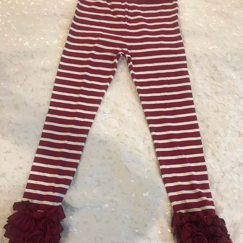 Girls' Burgundy & White Stripe Ruffle Hem Leggings NWOT size 10